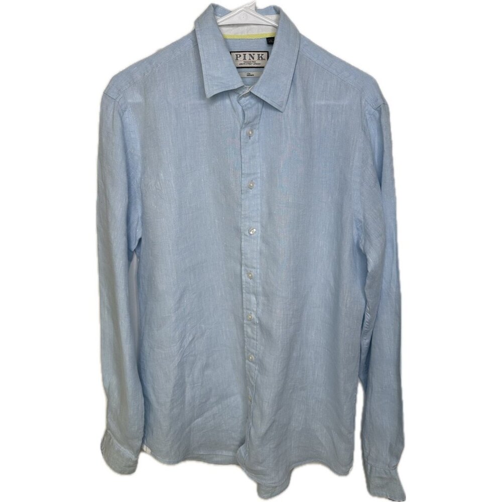 Thomas Pink Shirt Mens Small Blue 100% Pure Linen Long Sleeve Button Up